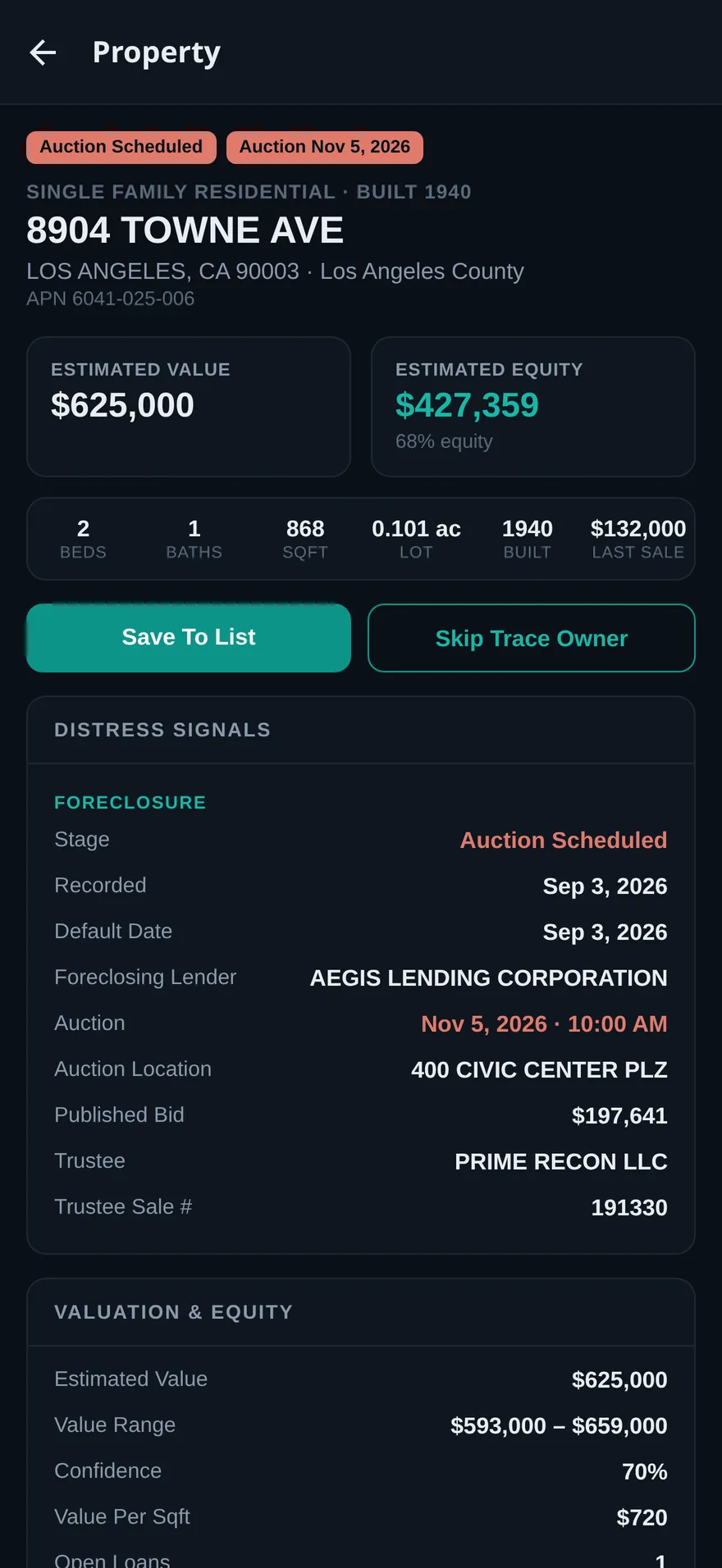 Full property profile: Auction Scheduled November 5, 2026, estimated value and equity, Save To List and Skip Trace Owner buttons, and foreclosure details