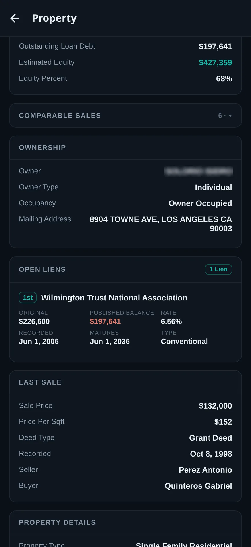 Ownership, open liens with published balance, and last sale sections of the property profile