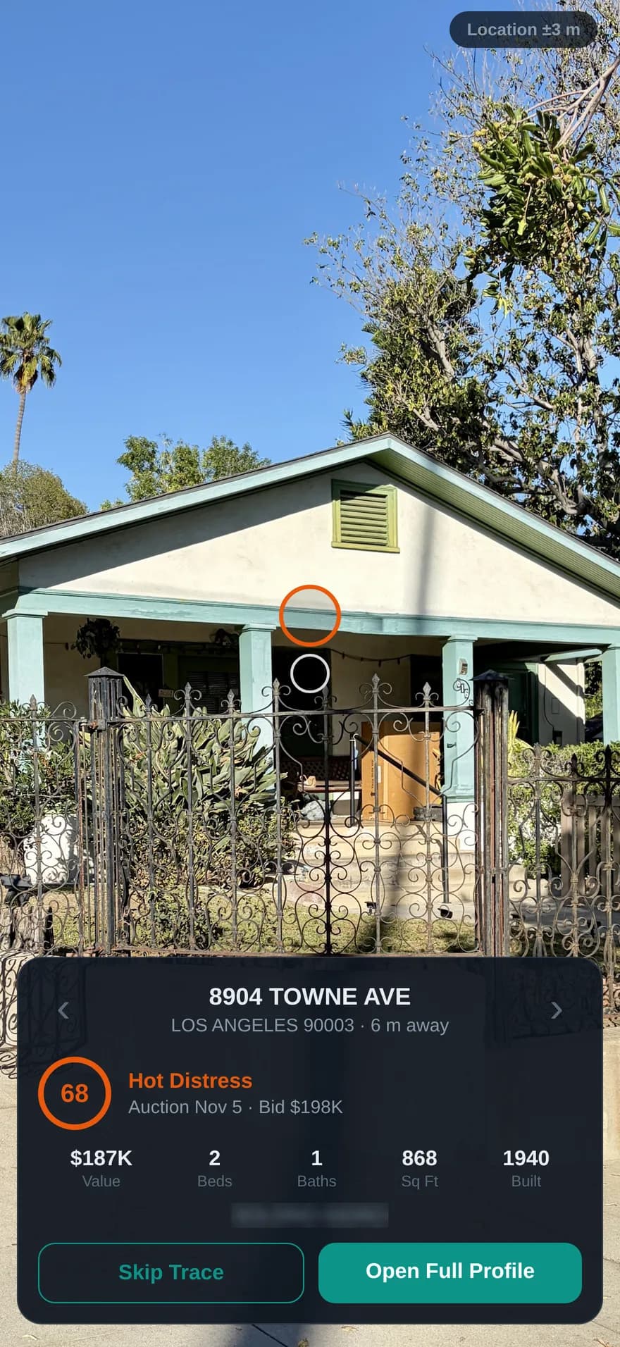 Properant AR Scan pointed at a house: Hot Distress score 68, auction November 5, published bid $198K, with Skip Trace and Open Full Profile buttons